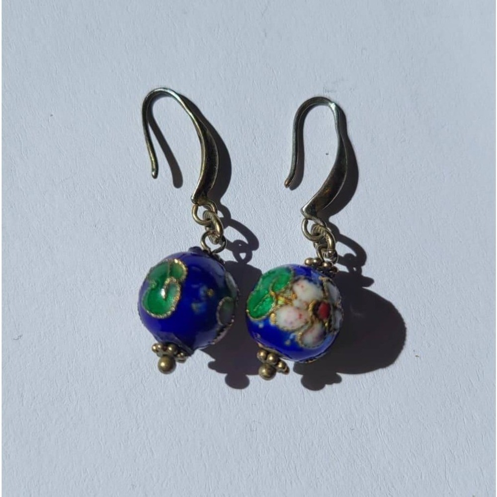 VTG Cloisonne Enamel Floral Drop Earrings Blue Gold Silver Hook Excellent Boho